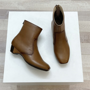 外贸牛皮靴女方头坡跟棕色舒适软底复古单靴女冬短靴厚底马丁靴子