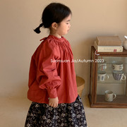 韩系女童后背蝴蝶结娃娃衫，秋季女宝宝，纯色圆领棉布衬衫洋气