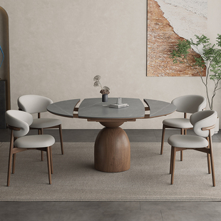 实木岩板伸缩餐桌可变圆桌，家用折叠复古轻奢方圆，两用可伸缩圆餐桌