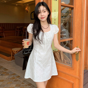 韩国chic夏季温柔减龄方领蝴蝶结印花修身显瘦小个子系带连衣裙女