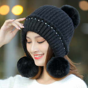 兔毛帽子女冬天韩版百搭甜美可爱保暖堆堆帽针织包头毛线帽秋冬季