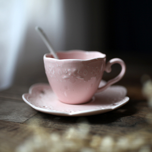 粉色萌系咖啡杯碟套装陶瓷陶瓷蕾丝花边下午茶欧式复古宫廷风杯子