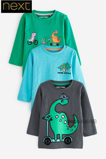 英国Next男童蓝绿色恐龙卡通长袖T恤三件装纯棉M90-229
