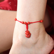 狐狸朱砂手链女脚链手工编织红绳，本命年红色珠子，可调节珠宝饰品