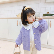 女童开衫外套2023镂空紫色儿童毛衣，薄款针织春秋款中小童洋气