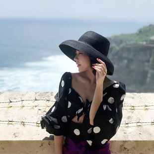 夏天草帽复古文艺法式赫本黑色遮阳泰国沙滩度假大沿太阳女帽灯罩
