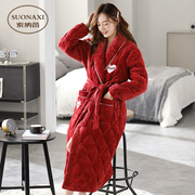 女士睡袍冬季珊瑚绒夹棉系带加长款红色浴袍棉袄加厚加绒结婚睡衣