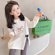 女童中长款开叉t恤2024秋季韩系女孩个性不规则，长袖卡通上衣