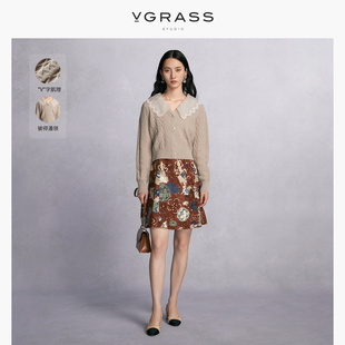VGRASS春季时髦彼得翻领复古气质长袖羊毛针织连衣裙女