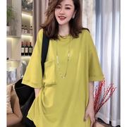 韩版宽松时尚黄色t恤设计感欧货中长款高端洋气圆领百搭女士上衣