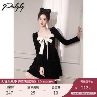 黑色方领丝绒连衣裙女长袖冬季2023高级感蝴蝶结甜美法式裙子
