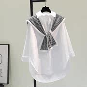 韩国白色棉麻衬衫女带披肩衬衣，2024春秋韩版宽松休闲减龄上衣