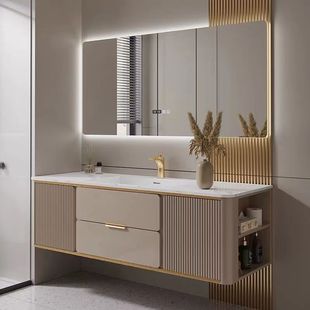 岩板意式浴室柜，无缝一体浴室柜橡木，卫生间卫浴洗手盆柜组合