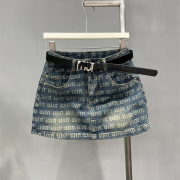 韩版女装2024夏装深蓝色高腰字母图案A字型牛仔短裙半身裙潮