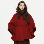 m*l自制秋冬圣诞红双面羊毛，大衣女蝙蝠，袖假两件系带呢子斗篷外套