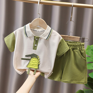 婴儿童卡通短袖鳄鱼polo衫套装，男女童2024夏季宝宝休闲小童两件套