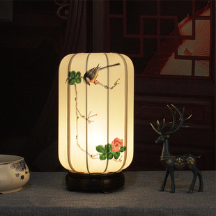 中式灯中古台灯复古床头灯仿古氛围，灯侘寂风禅意，灯花鸟灯罩中国风