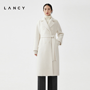 LANCY/朗姿2023秋冬白色气质羊驼毛双面呢大衣系带品牌厚外套