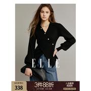 ELLE复古黑色V领套头长袖毛衣女2024春季宽松显瘦毛针织衫