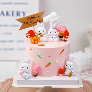 萌萌哒小兔子生日蛋糕装饰摆件，卡通儿童主题生日，森系兔子摆件