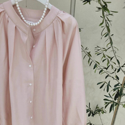 ！立领褶皱设计感仙气上衣女2024春款韩系温柔粉色雪纺衬衫