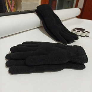 中青年男士针织毛线魔术手套，冬天保暖防寒双层加厚加绒纯黑色韩版