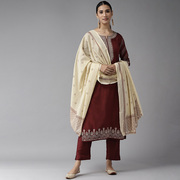 印度进口传统旁遮比3件套，纯棉刺绣中长款圆领，薄款枣红色日常服饰