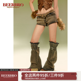 BeerBro 美式辣妹Y2K重工洗水牛仔短裤女设计感豹纹低腰热裤腿套