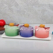 高颜值陶瓷调味罐彩色陶瓷调料缸配勺三件套调料盒调味盒厨房盐罐