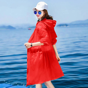 红色中长款连帽防晒衣女，夏季薄款收腰百搭透气户外防晒服外套潮牌