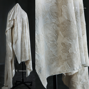 本白色玫瑰剪花棉麻布70%棉30%麻立体创意连衣裙裤服装设计师面料