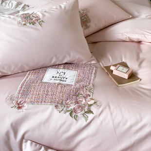 法式复古床品四件套全棉100支花卉，刺绣粉色纯棉2米被套1.8m床单