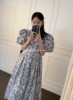 PPSHD夏装韩国复古优雅圆领褶皱宽松大摆型泡泡袖水墨印花连衣裙