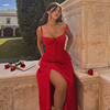 girlsat18法式复古红色吊带连衣裙，欧美辣妹显胸性感，气质礼服长裙