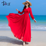 夏季红色雪纺长袖连衣裙，女长款到脚踝2024年时尚，修身超长裙子