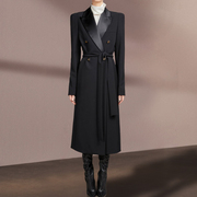 高级感西装外套女冬季系带束腰双排扣黑色大衣，中长款显高显瘦风衣