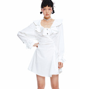 LE FAME/拉飞姆秋季白色荷叶U型领衬衫式连衣裙