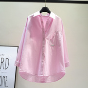 嫩粉色中长款后开叉棉布女士衬衫2024韩范设计感不对称上衣潮