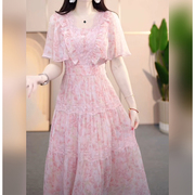 粉色碎花连衣裙夏季2024年遮肉显瘦中长款宽松洋气气质裙子