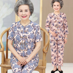 冰丝奶奶夏装套装中老年人妈妈，短袖t恤60岁70老人太太夏天衣服女