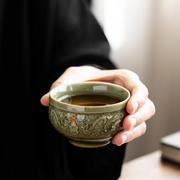 耀州窑小茶杯主人杯浮雕青瓷品茗杯复古风龙凤家用陶瓷功夫茶具