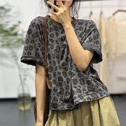 素尚夏季韩版时尚潮流风豹纹图案上衣宽松撞色圆领短袖T恤衫
