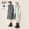 a21女装中长款鸭绒羽绒服，2023冬季连帽，立领保暖面包服外套