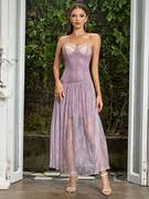 紫色抹胸露肩蕾丝连衣裙，女法式高级感气质名媛收腰显瘦长裙