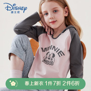 迪士尼女童长袖连帽T恤2024春季洋气儿童印花休闲上衣打底衫