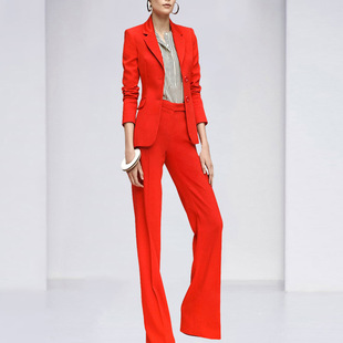 e阁红色西装套装，女2021欧美职业秋款时尚，西服阔腿裤两件套