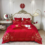 床品40支大红色双喜刺绣结婚被套床单四件套纯棉，新长绒棉中式婚庆