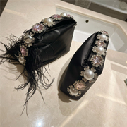 法式晚宴鸵鸟毛饭盒包手工镶钻花朵珍珠宝石丝绸缎面手提包手机包