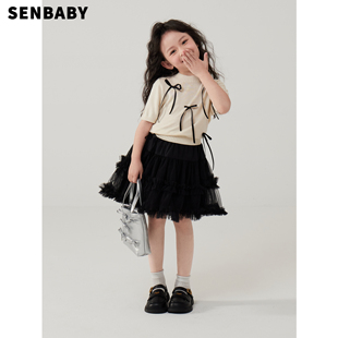 senbaby女童短袖t恤儿童夏装套装，裙女孩蝴蝶结，针织上衣+黑纱半裙
