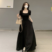 大码法式赫本风连衣裙微胖妹妹遮肚显瘦长款仙女裙黑色高腰A字裙